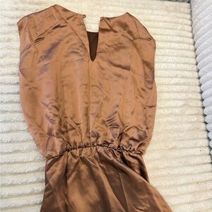 NONchalant Satin Long Sleeve V-Neck Dress in Copper Brown